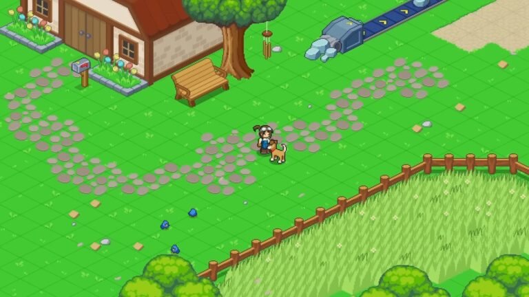The player petting a dog in Little Rocket Lab