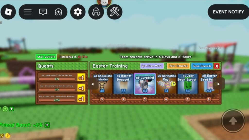 Complete the Team Training quests to get Jelly Bean Sprout and Basket Bouquet (Image via Roblox Corporation)