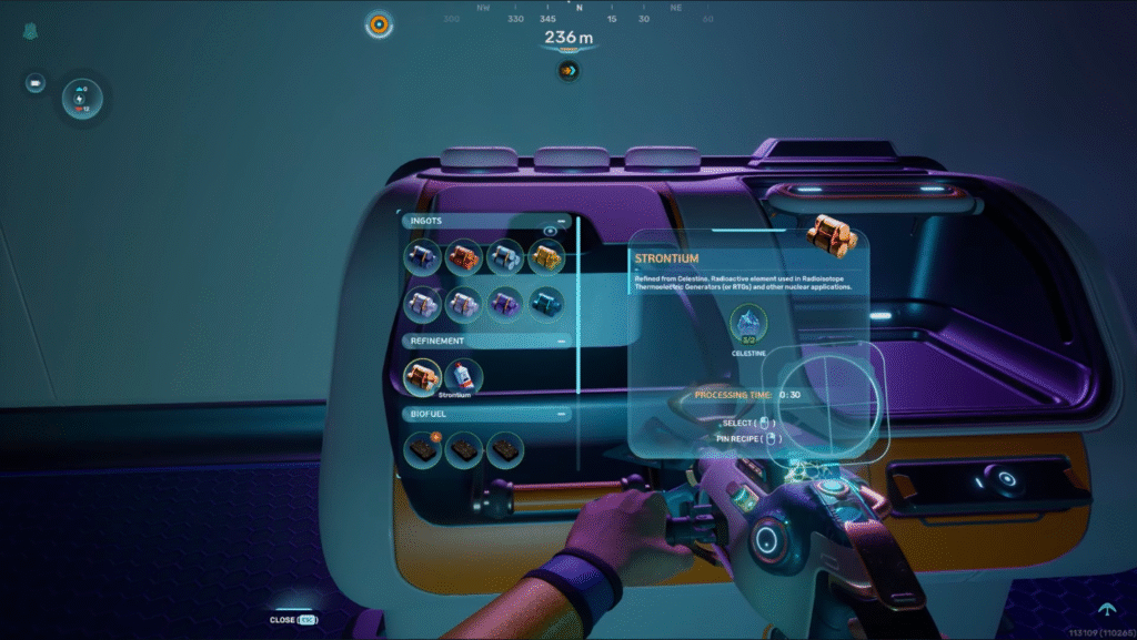 Refine Celestine at Processor to get Strontium in Subnautica 2 (Image via Unknown Worlds Entertainment | @WoWQuest/YouTube)