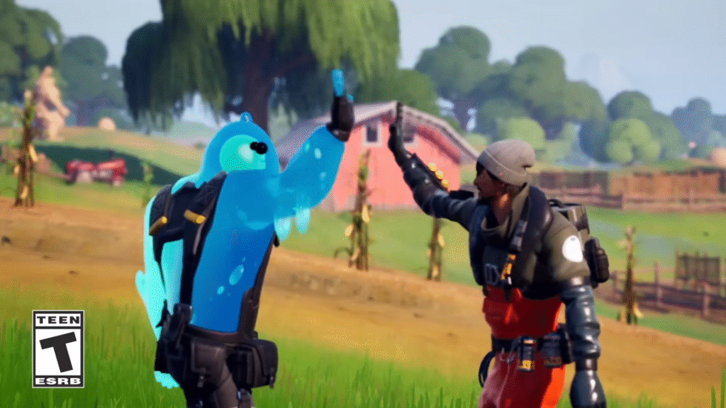 Fortnite duos emoting on the battlefield.