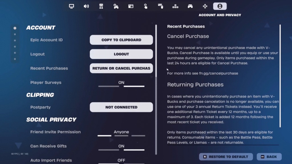 Fortnite Return and Cancel Option in-game Settings.