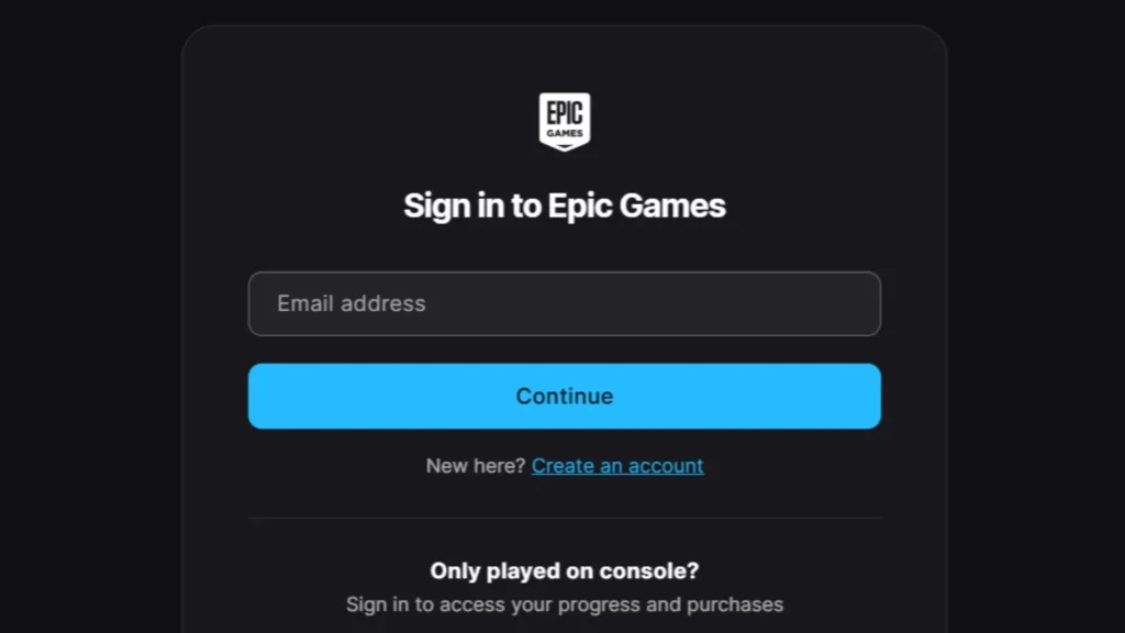 Signing into Epic Games via website.