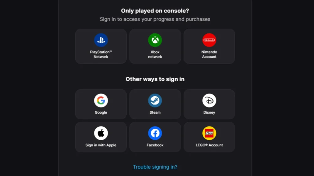 Signing into Epic Games via console account.