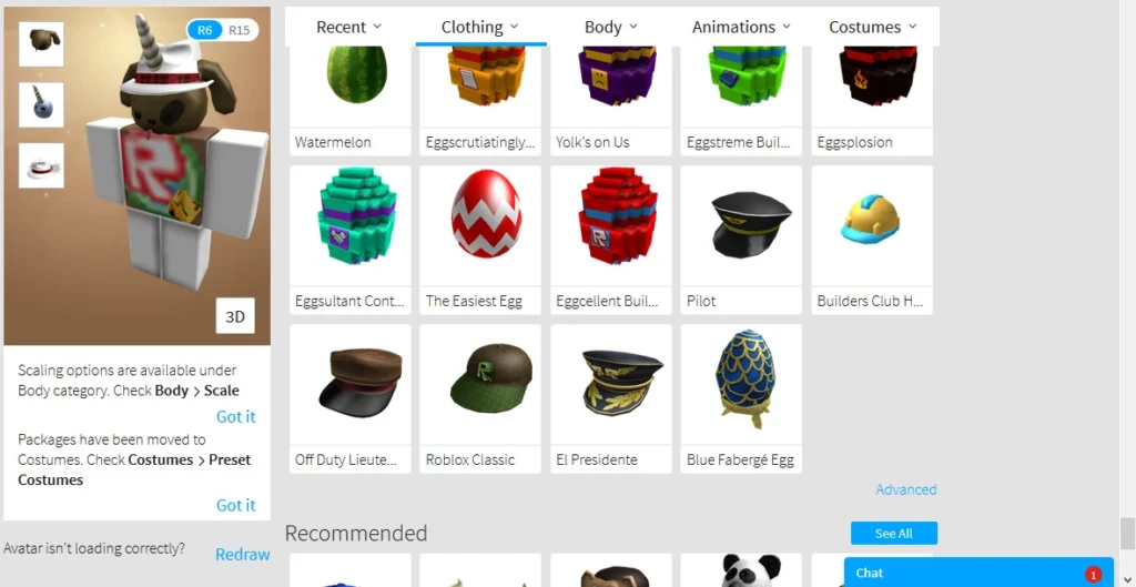 Editing Roblox Avatar in Avatar Editor.