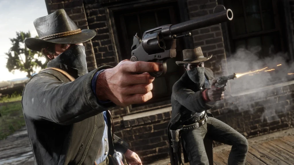 Arthur and Lenny shooting in Red Dead Redemption 2.