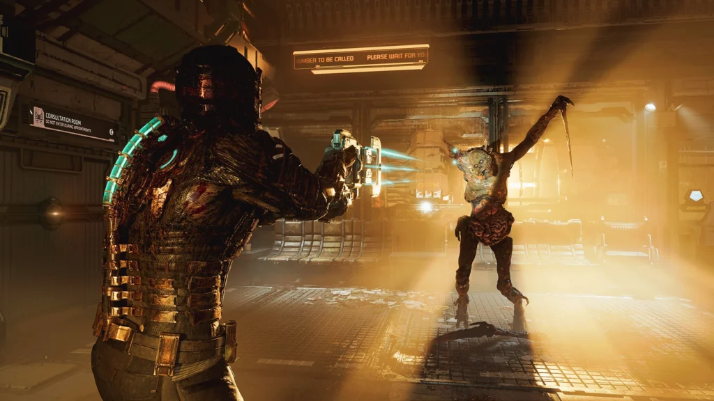 Isaac shooting at a Necromorph in Dead Space.