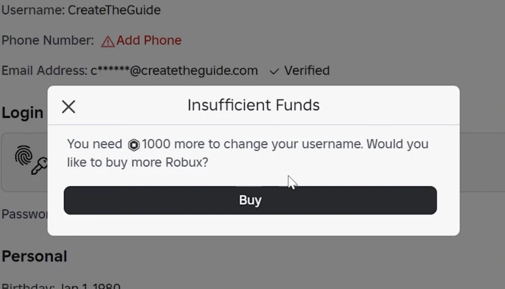 Insufficient Robux blocking username change on Roblox.