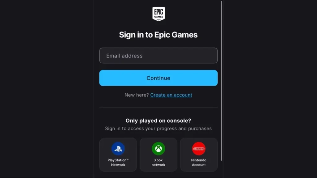 Logging into Epic Games account via mobile.