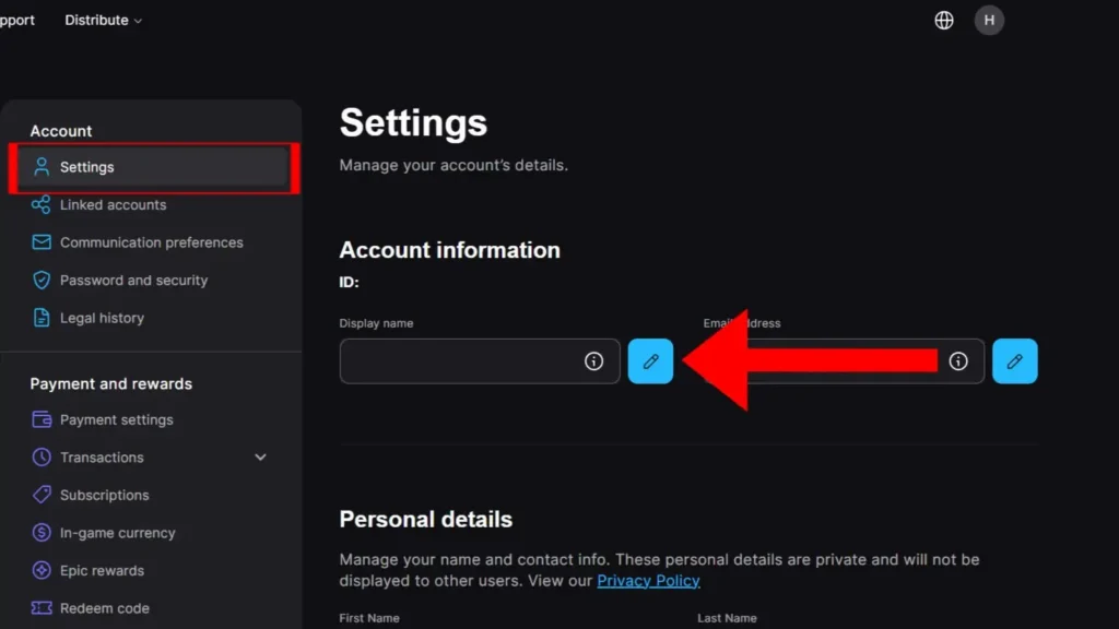 Changing Fortnite display name through the Epic Games website.