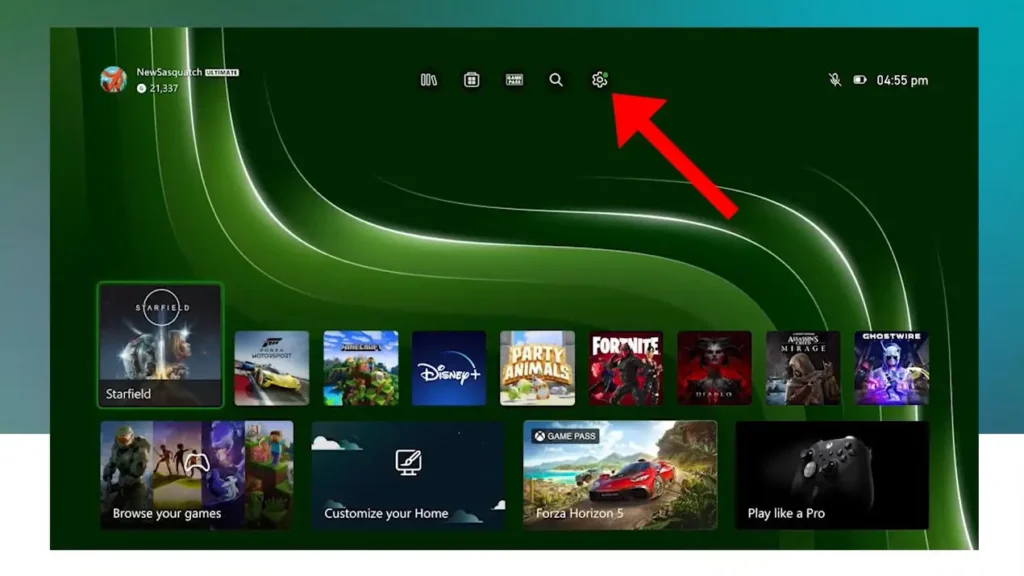 Selecting the Settings icon on the Xbox Series dashboard.