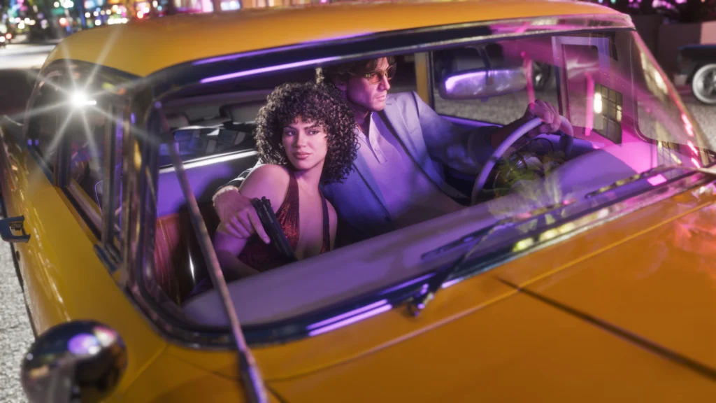 Jason and Lucia in the '55 Vapid Stanier in GTA 6.